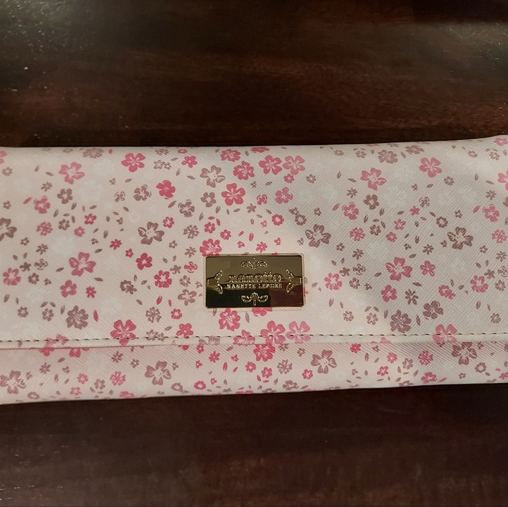 Nanette Lepore tri-fold phone and lipstick wallet. Floral print and coral PVC.